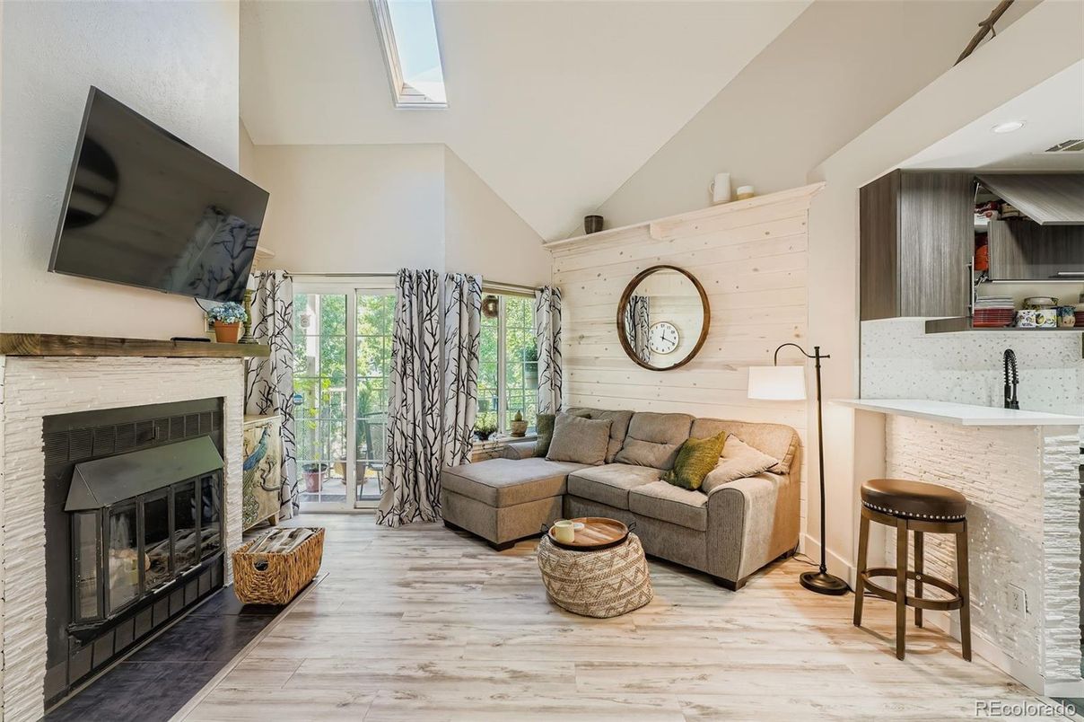Fireplace, Interior, Living room, Recessed Lighting, Wood Texture Flooring, Wooden Walls