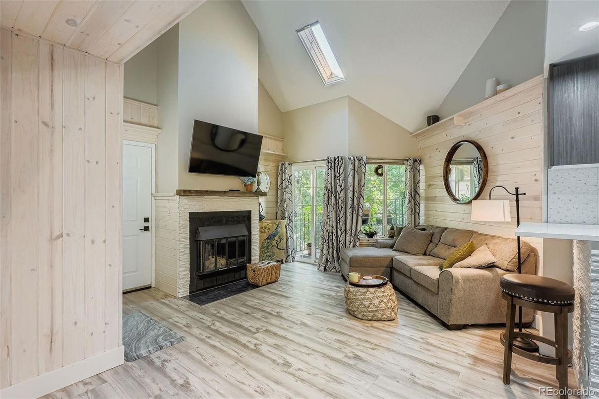 Fireplace, Interior, Living room, Wood Texture Flooring, Wooden Walls