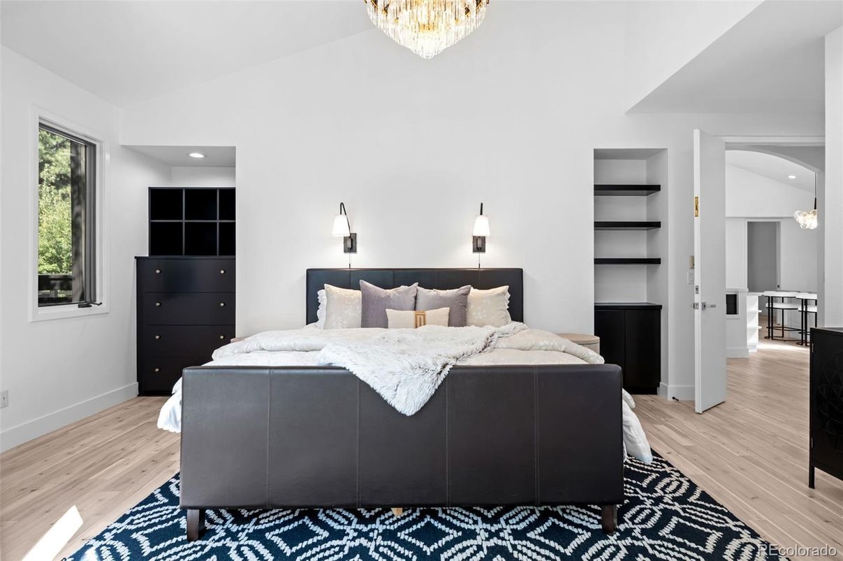 Bedroom, Chandelier, Interior, Recessed Lighting, Wood Texture Flooring