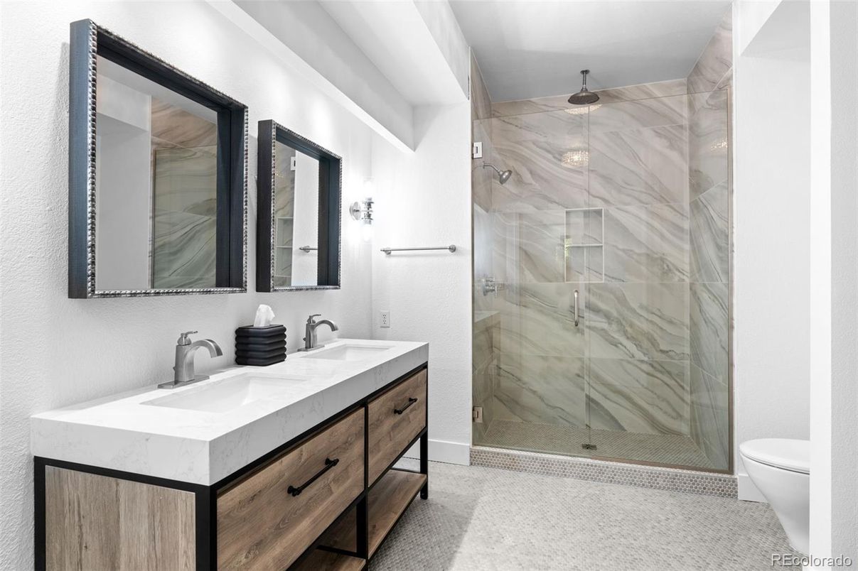 Bathroom, Dual Sink Vanities, Glass Shower, Interior, Marble Walls