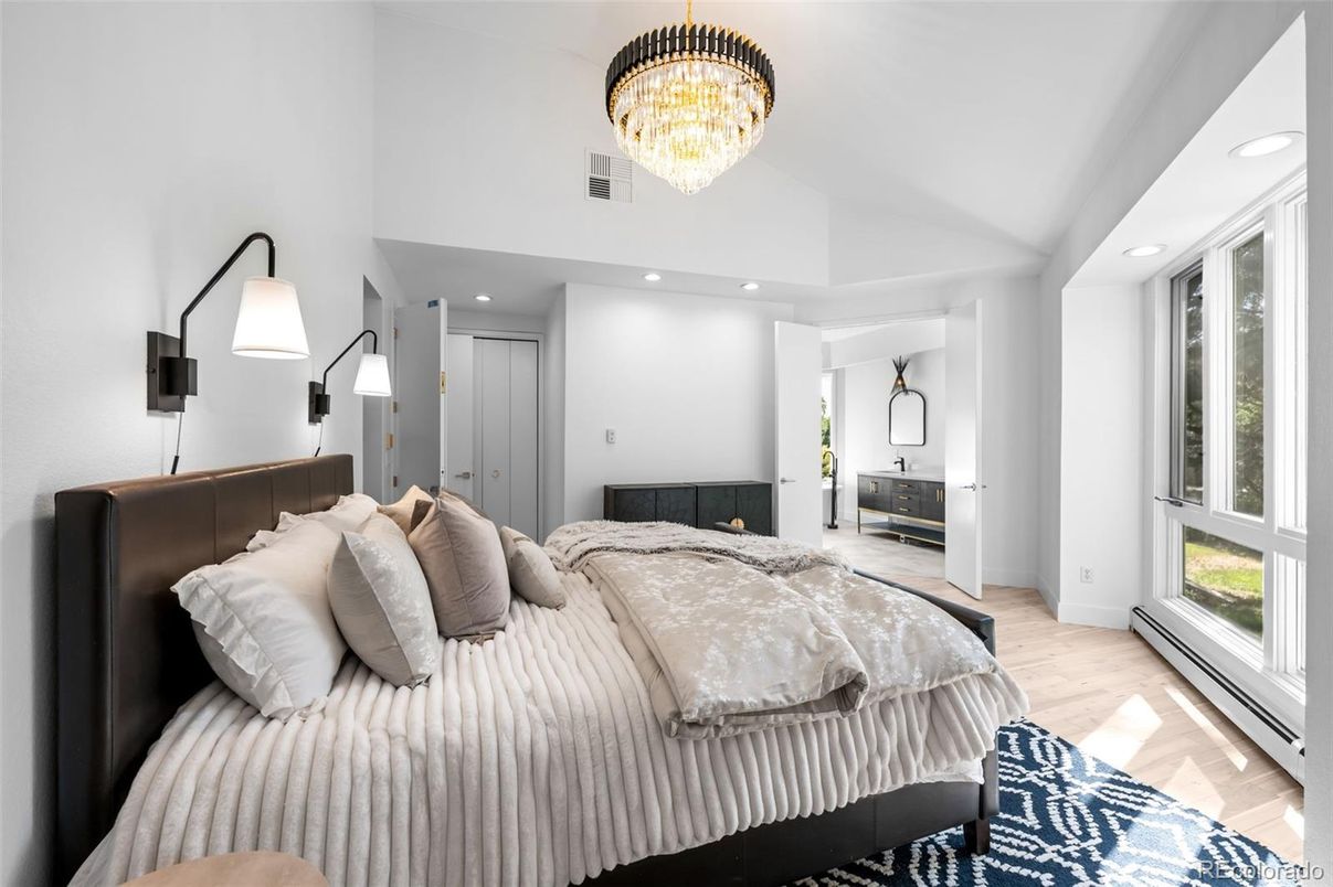 Bedroom, Chandelier, Interior, Recessed Lighting, Wood Texture Flooring