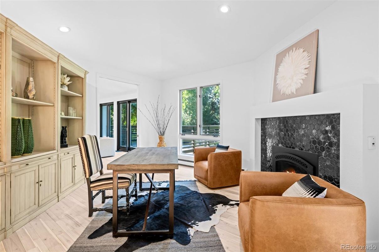 Fireplace, Home Office, Interior, Recessed Lighting, Wood Texture Flooring