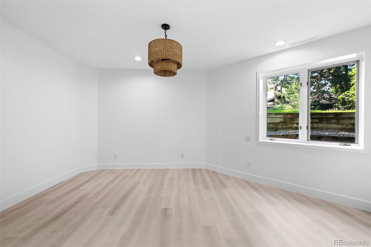 Chandelier, Empty room, Interior, Recessed Lighting, Wood Texture Flooring