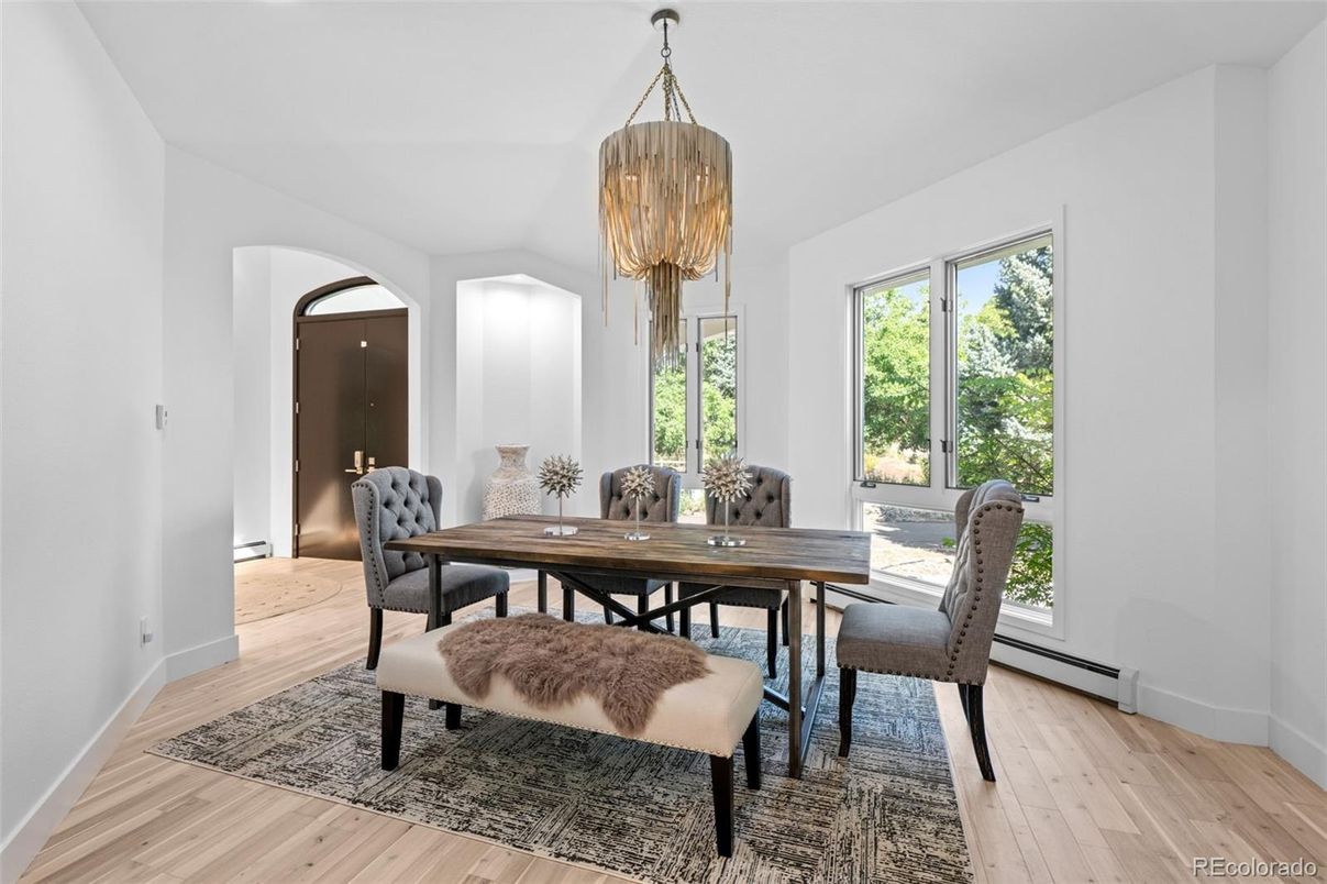 Chandelier, Dining room, Interior, Wood Texture Flooring