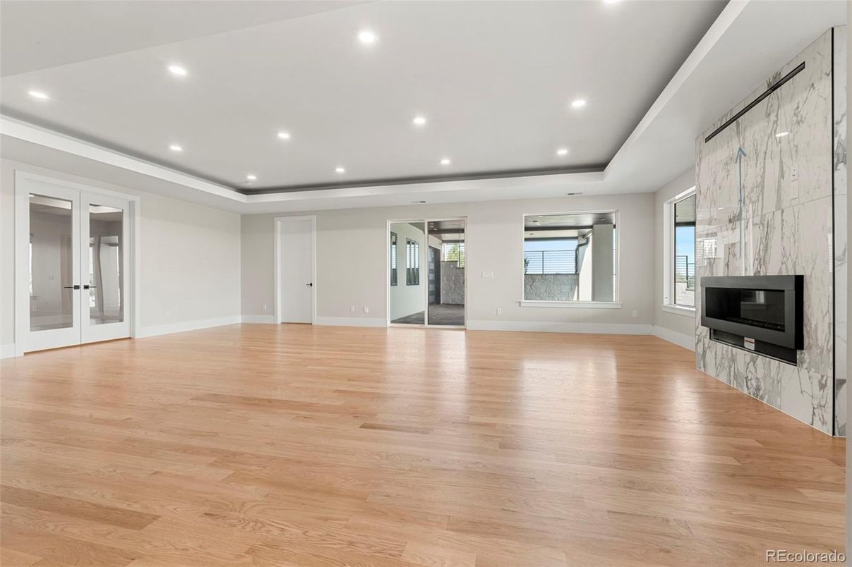 Empty room, Fireplace, Interior, Recessed Lighting, Wood Texture Flooring