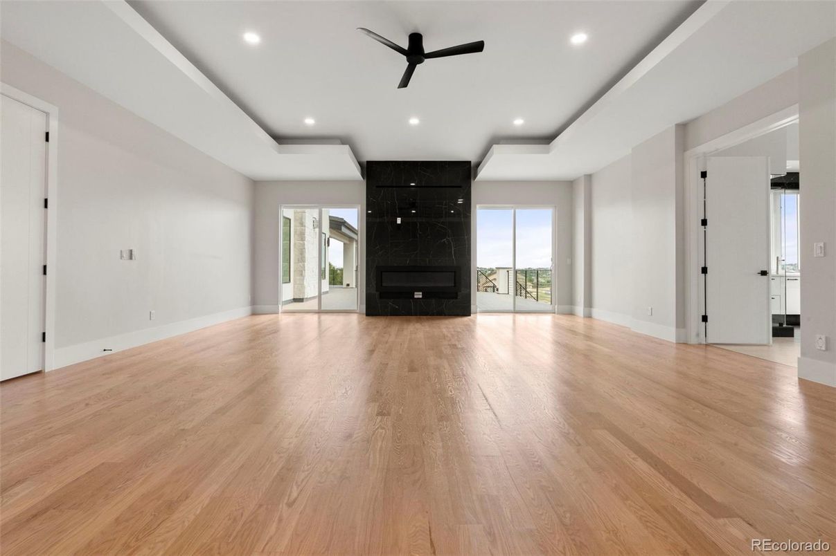 Empty room, Fireplace, Interior, Recessed Lighting, Wood Texture Flooring