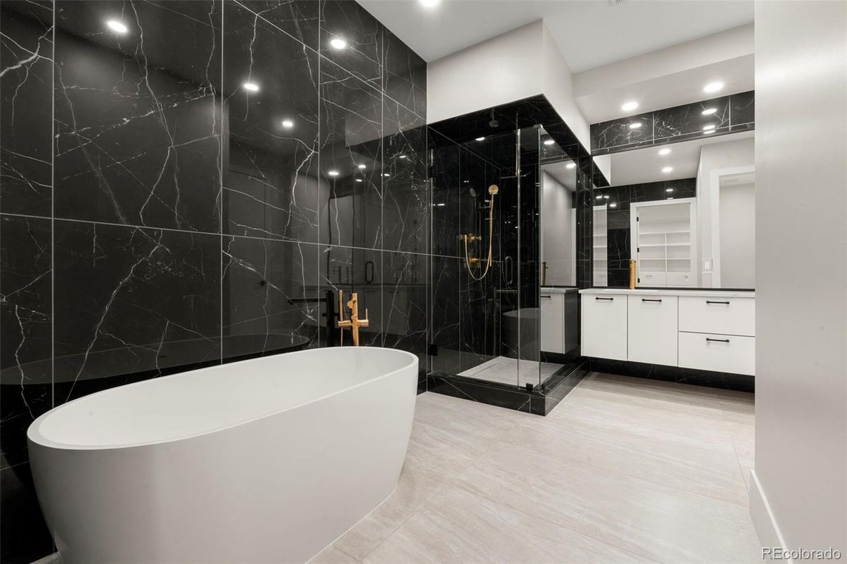 Bathroom, Free Standing Baths, Glass Shower, Interior, Marble Walls, Recessed Lighting