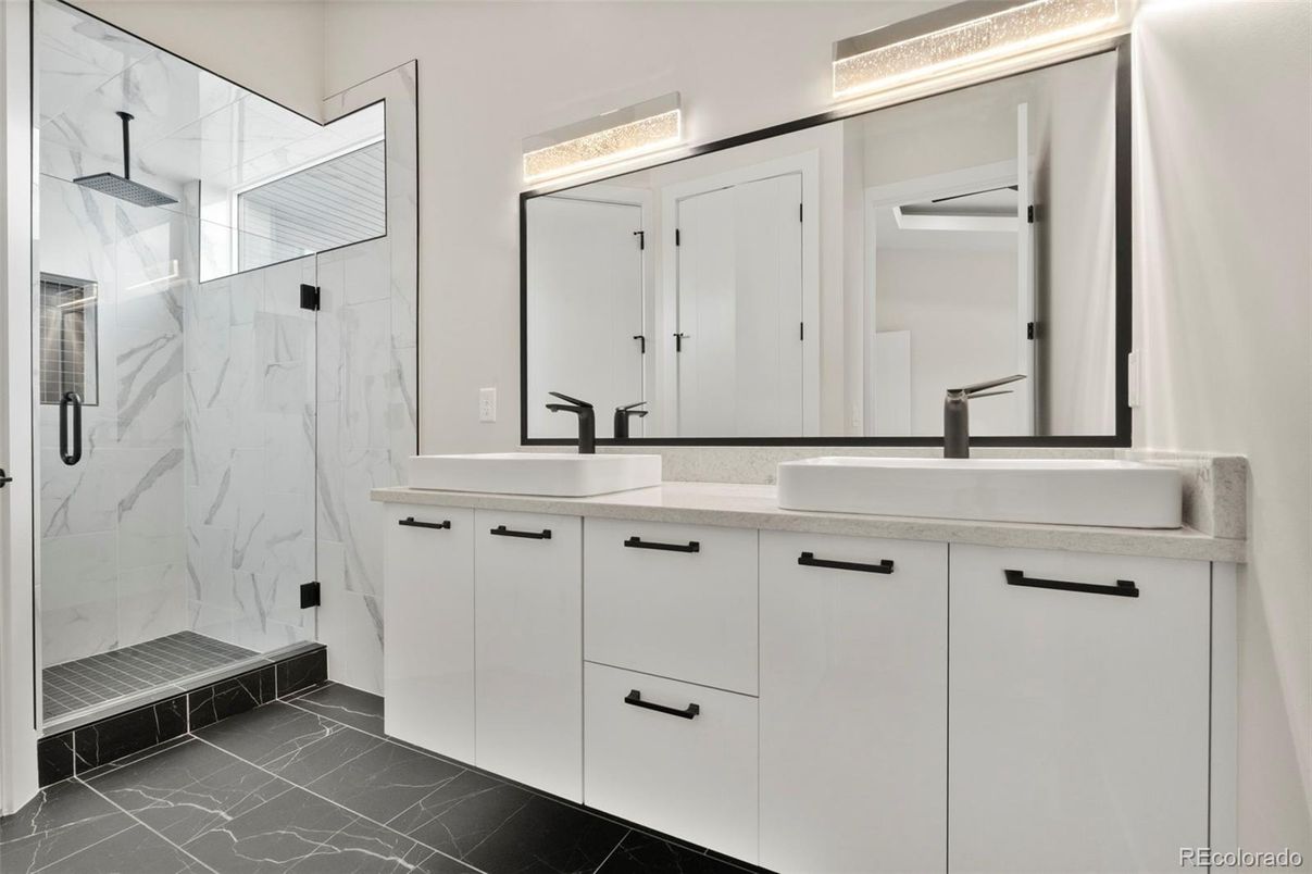 Bathroom, Dual Sink Vanities, Glass Shower, Interior, Marble, Marble Walls