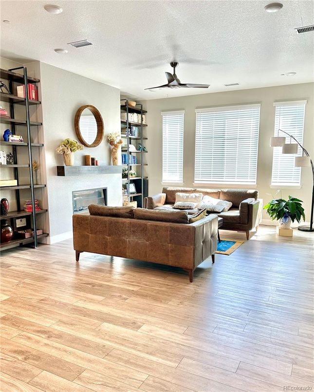 Fireplace, Interior, Living room, Recessed Lighting, Wood Texture Flooring