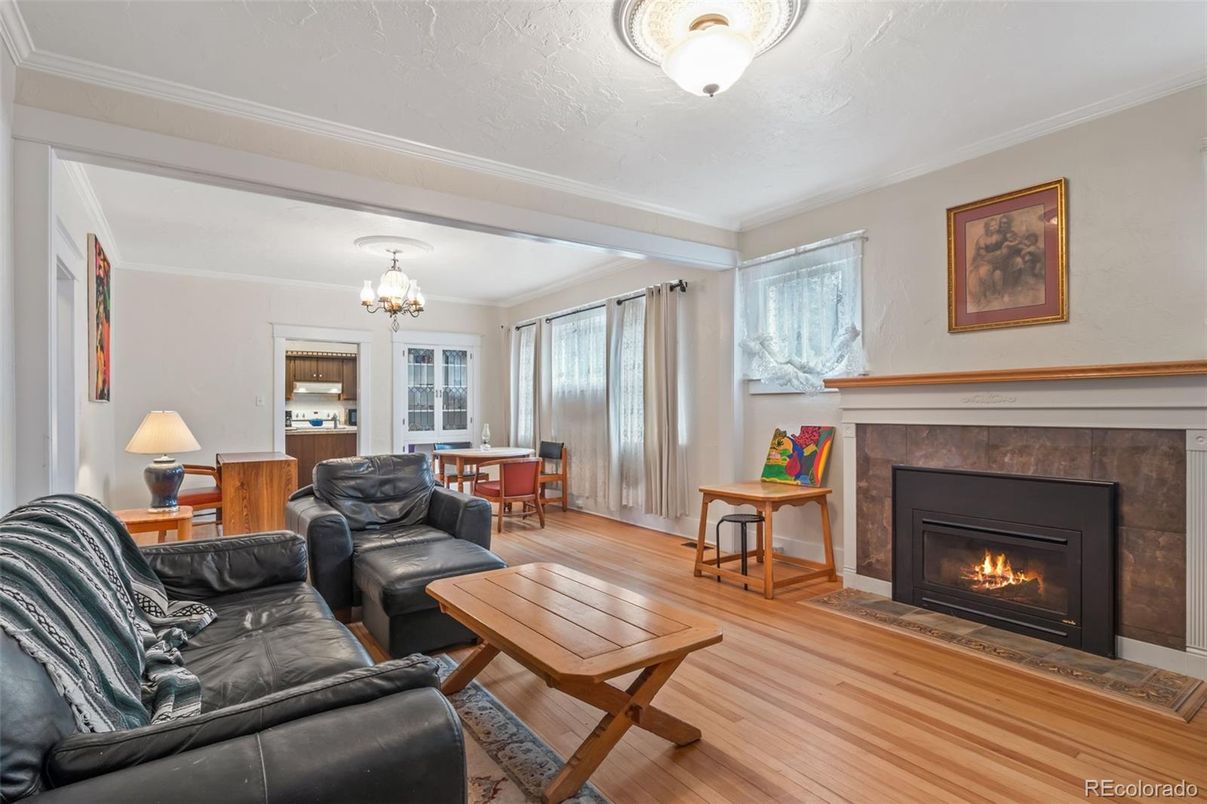 Chandelier, Dining room, Fireplace, Interior, Living room, Wood Texture Flooring