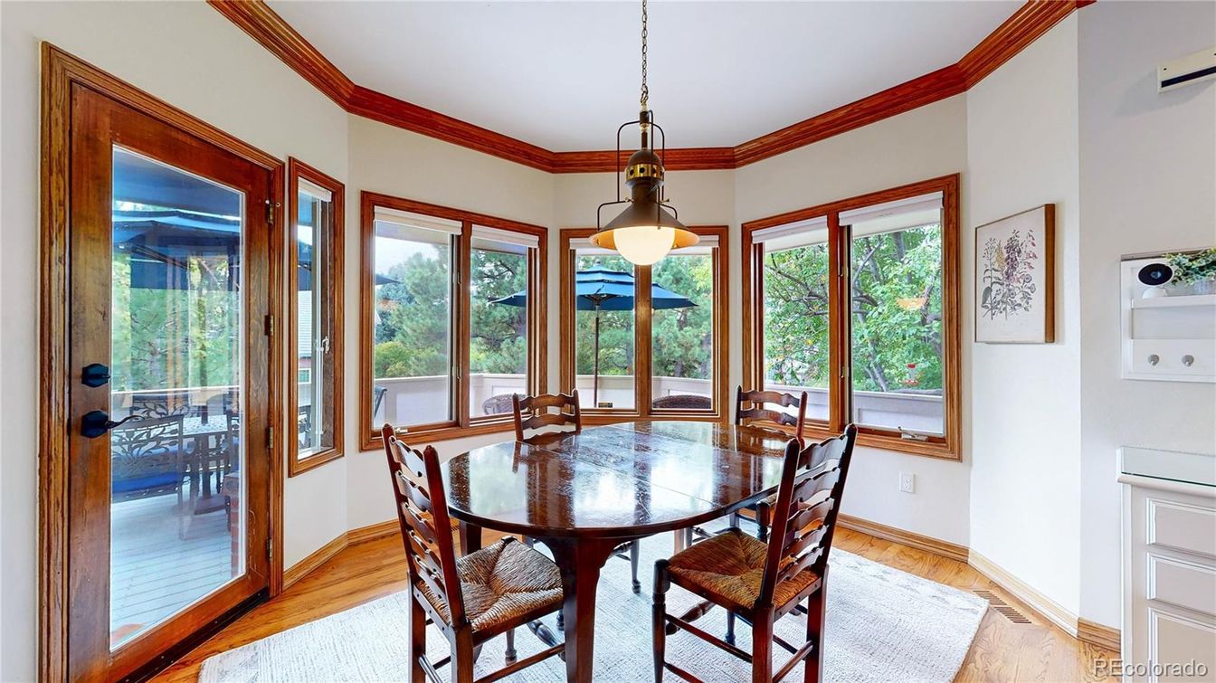 Dining room, Interior, Pendant Lights, Wood Texture Flooring