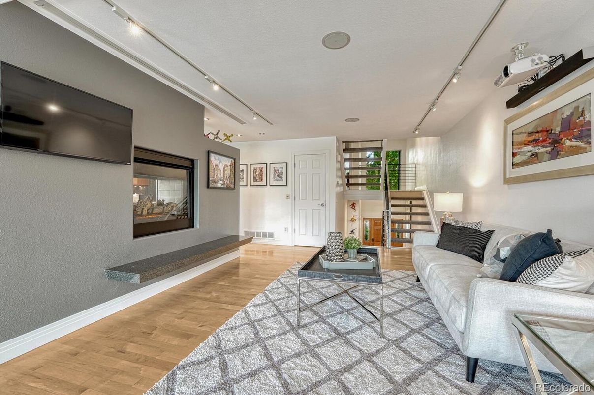 Fireplace, Interior, Living room, Recessed Lighting, Wood Texture Flooring