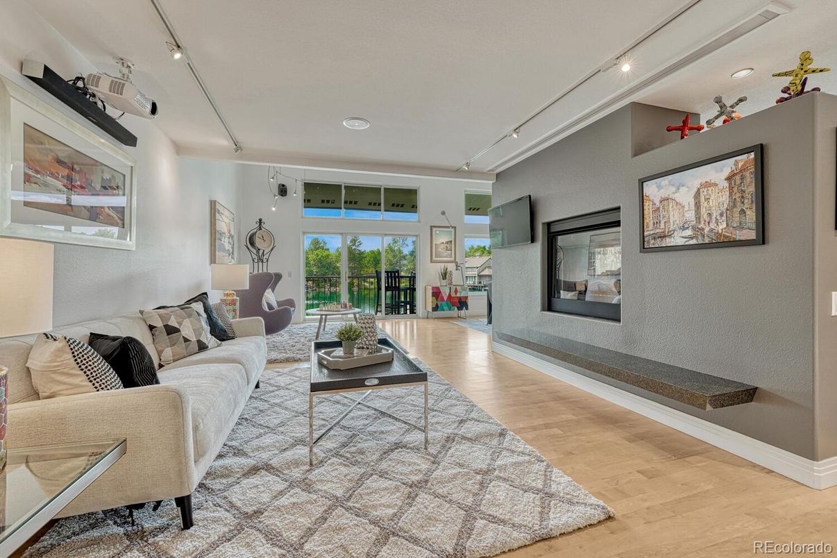 Fireplace, Interior, Living room, Recessed Lighting, Wood Texture Flooring