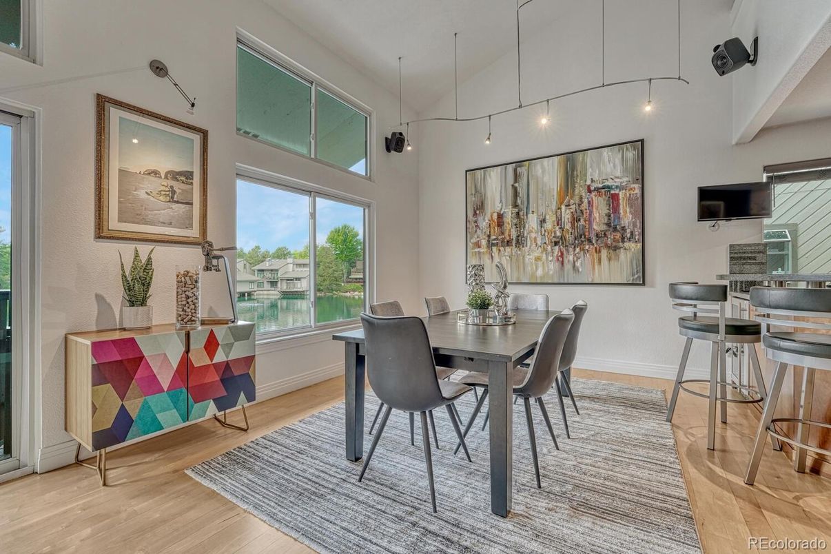 Dining room, Interior, Pendant Lights, Wood Texture Flooring