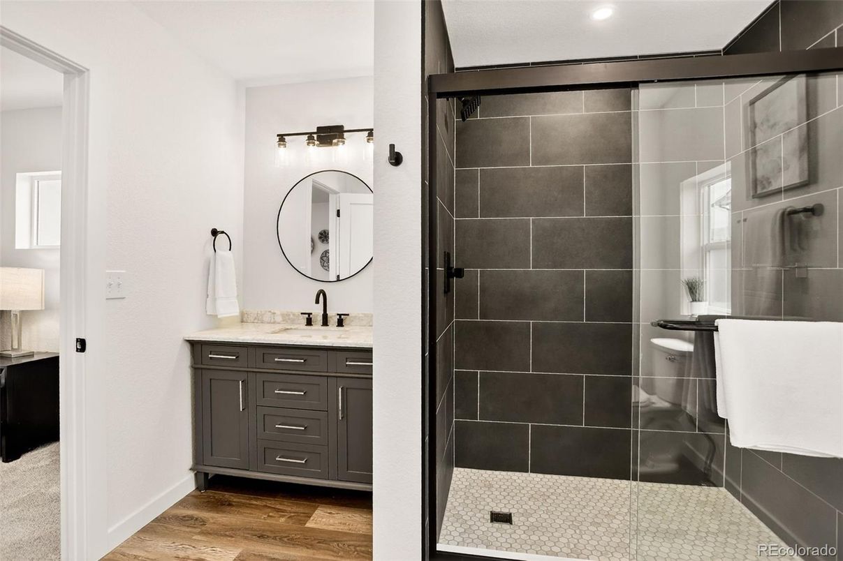Bathroom, Glass Shower, Interior, Recessed Lighting, Wood Texture Flooring