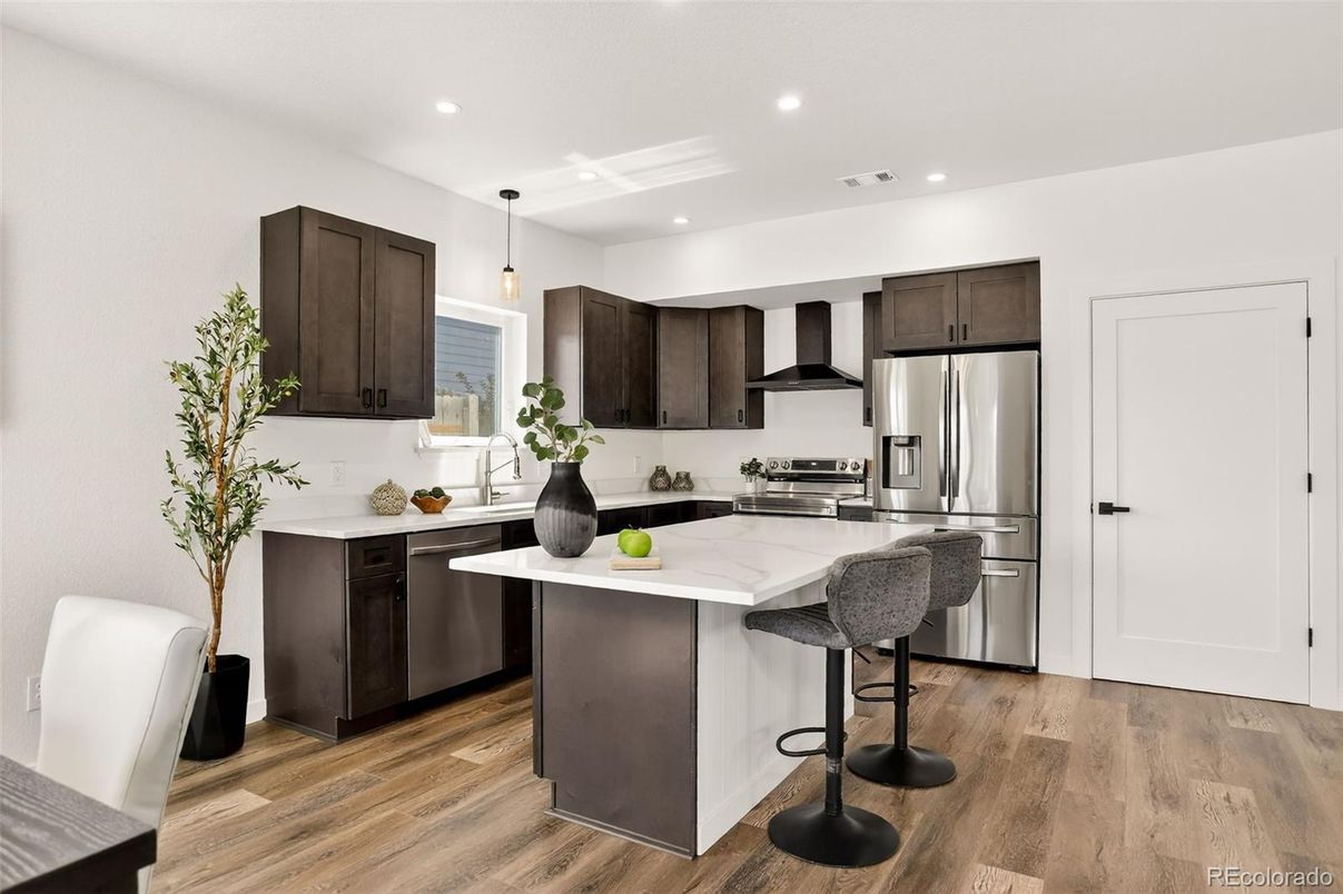 Interior, Kitchen, Pendant Lights, Recessed Lighting, Stainless Steel Appliances, Wood Texture Flooring