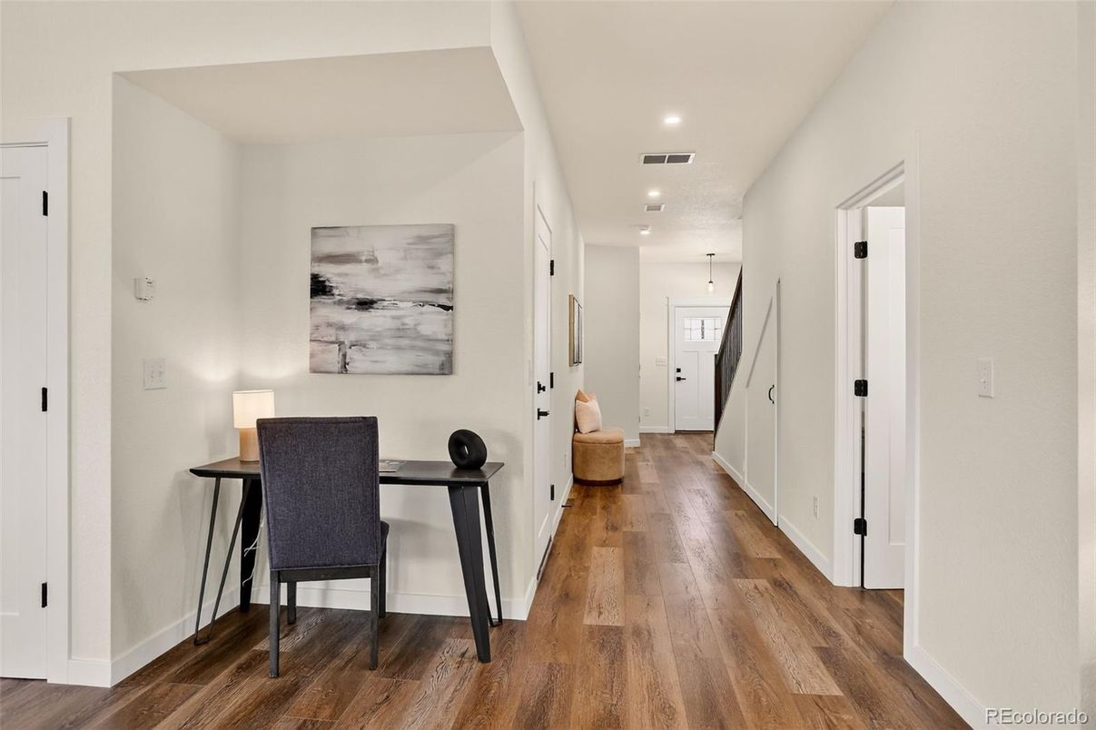 Dining room, Interior, Recessed Lighting, Wood Texture Flooring