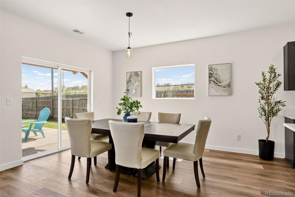 Dining room, Interior, Pendant Lights, Wood Texture Flooring