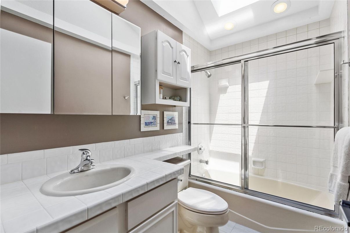 Bathroom, Glass Shower, Interior, Recessed Lighting, Tile Countertops