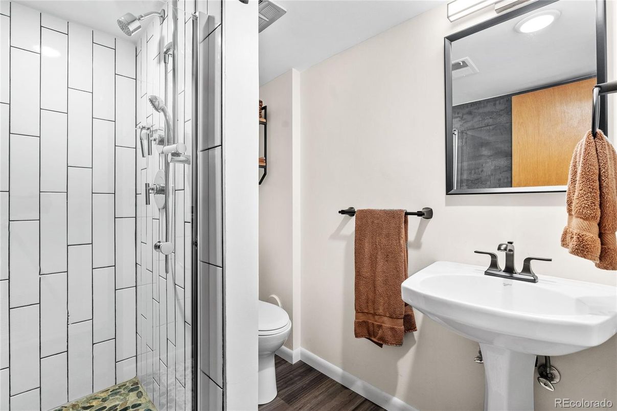 Bathroom, Interior, Recessed Lighting, Wood Texture Flooring