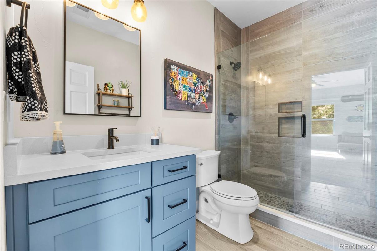 Bathroom, Glass Shower, Interior, Wood Texture Flooring