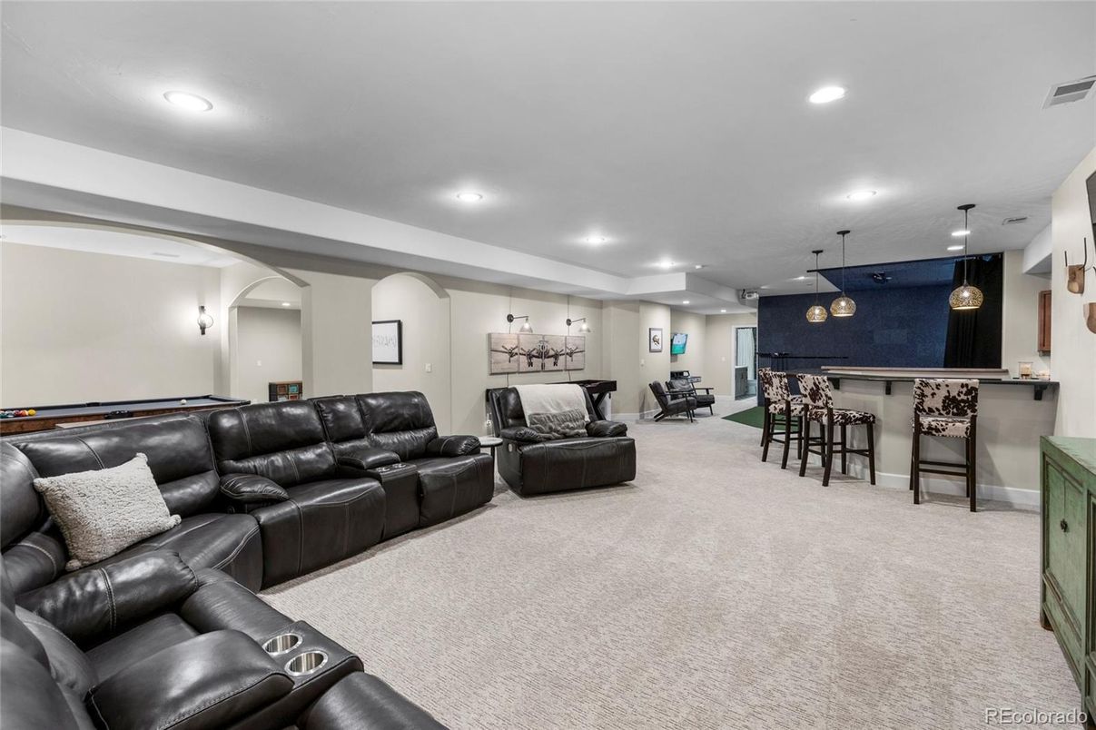 Billiard Table, Home Theatre Room, Game Room, Interior, Living room, Pendant Lights, Recessed Lighting
