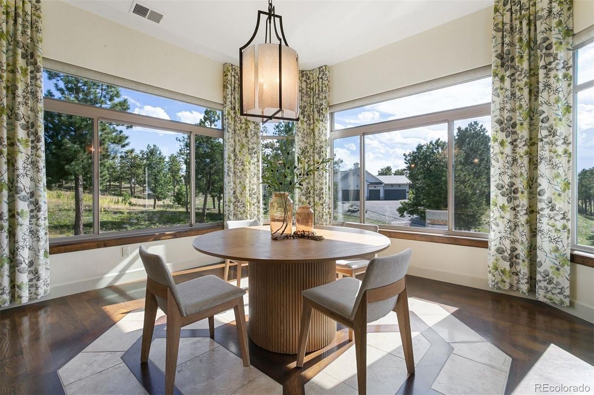 Dining room, Interior, Sun Room, Wood Texture Flooring