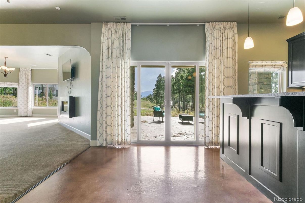 Empty room, Fireplace, Interior, Pendant Lights, Recessed Lighting, Wood Texture Flooring