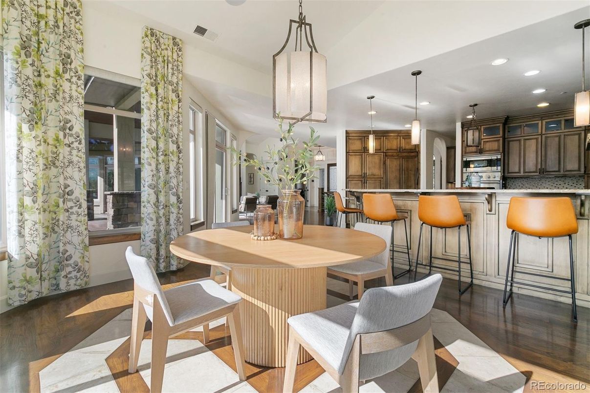 Dining room, Interior, Kitchen, Pendant Lights, Recessed Lighting, Stainless Steel Appliances, Wood Texture Flooring