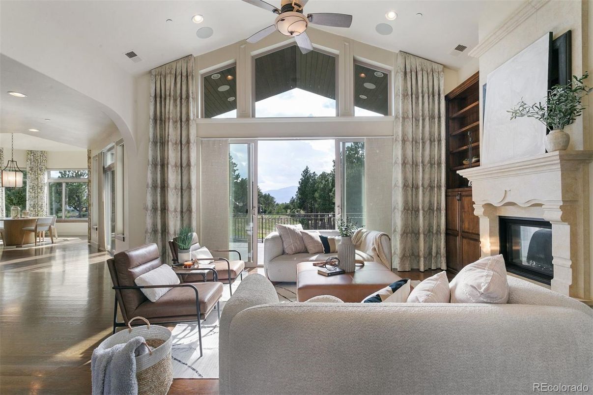 Dining room, Fireplace, Interior, Living room, Pendant Lights, Recessed Lighting, Wood Texture Flooring
