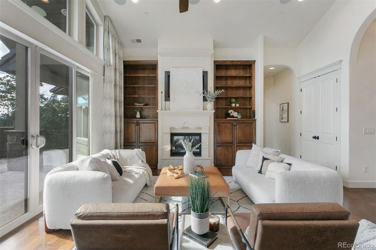 Fireplace, Interior, Living room, Recessed Lighting, Wood Texture Flooring