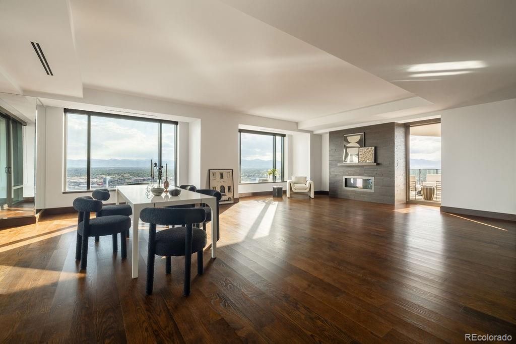 Dining room, Fireplace, Interior, Stone Walls, Wood Texture Flooring