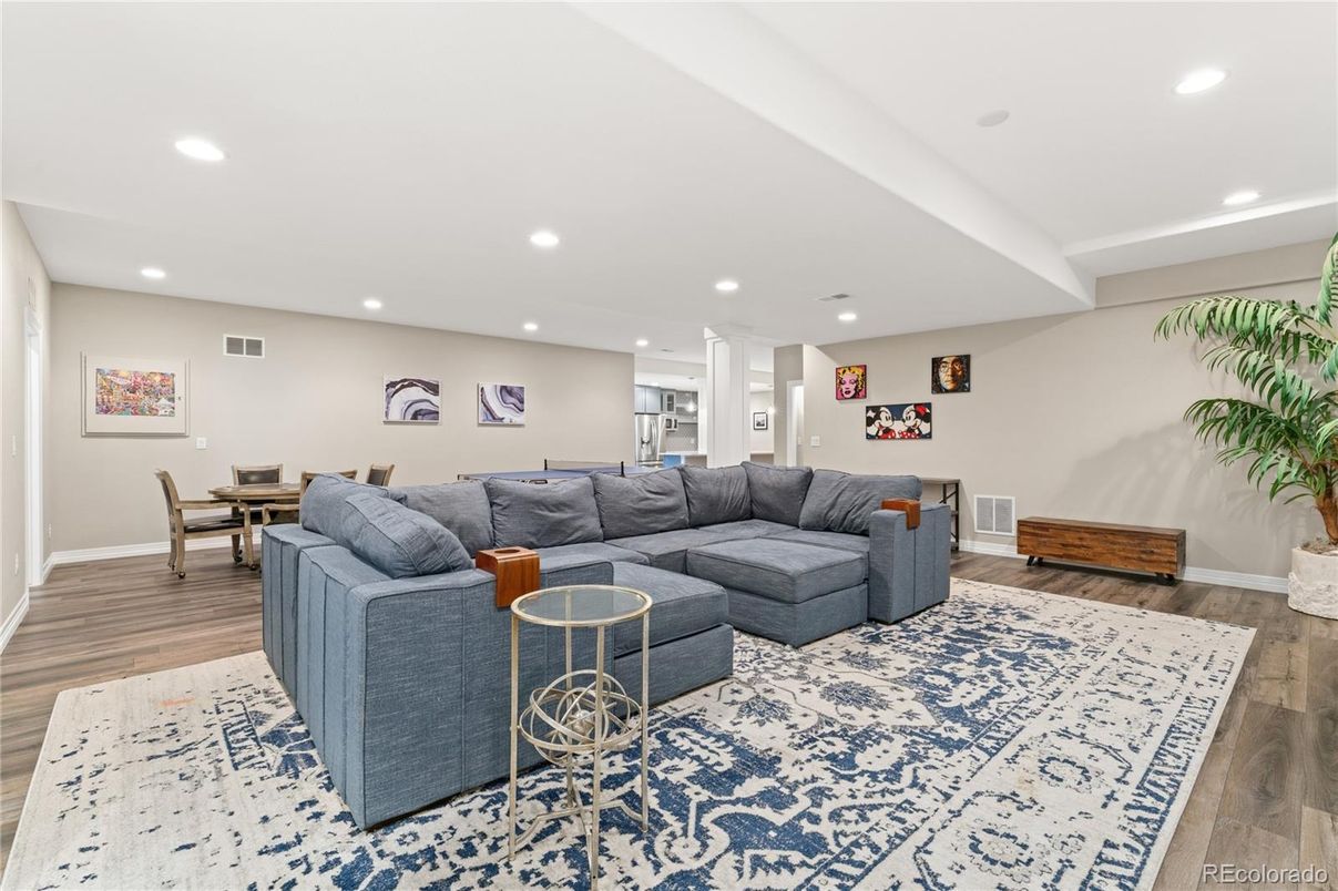 Dining room, Interior, Living room, Recessed Lighting, Wood Texture Flooring