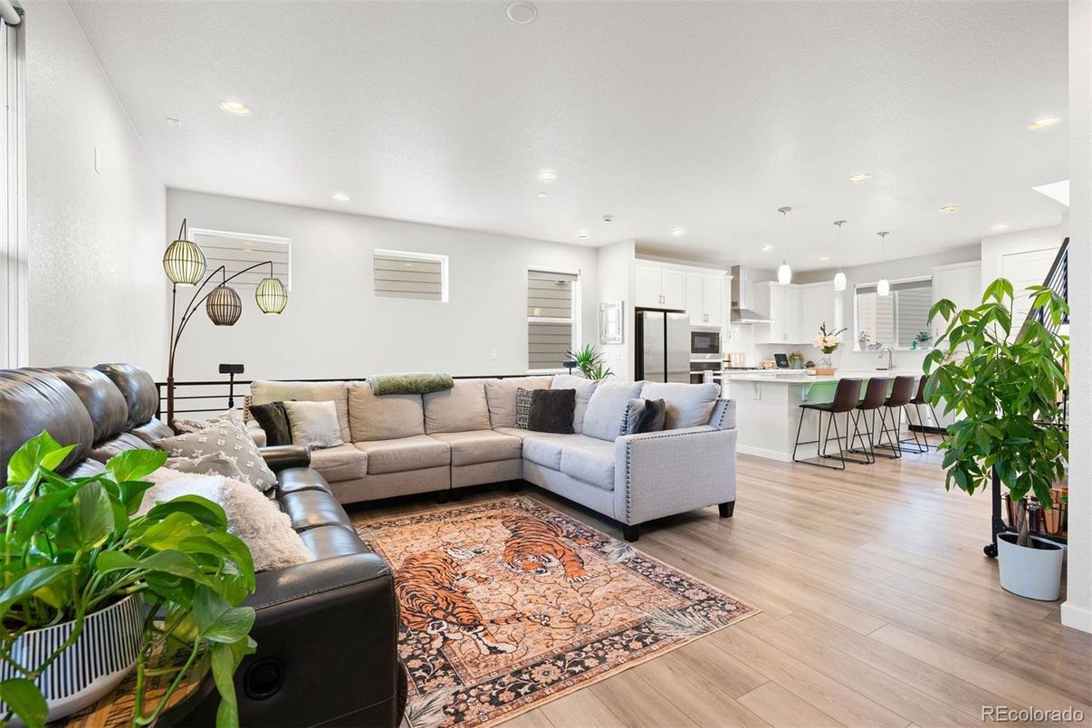 Interior, Kitchen, Living room, Recessed Lighting, Stainless Steel Appliances, Wood Texture Flooring