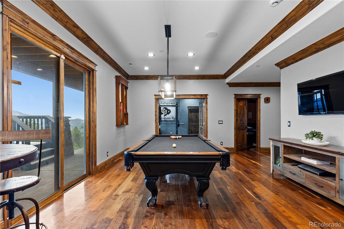 Billiard Table, Game Room, Interior, Pendant Lights, Recessed Lighting, Wood Texture Flooring