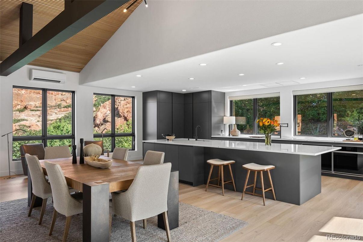 Dining room, Interior, Kitchen, Recessed Lighting, Wood Texture Flooring