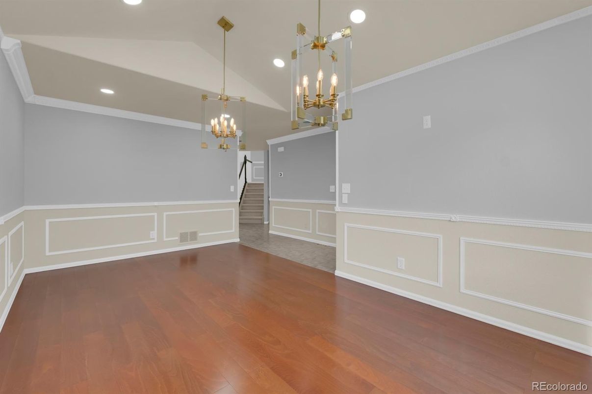 Chandelier, Empty room, Interior, Pendant Lights, Recessed Lighting, Wood Texture Flooring