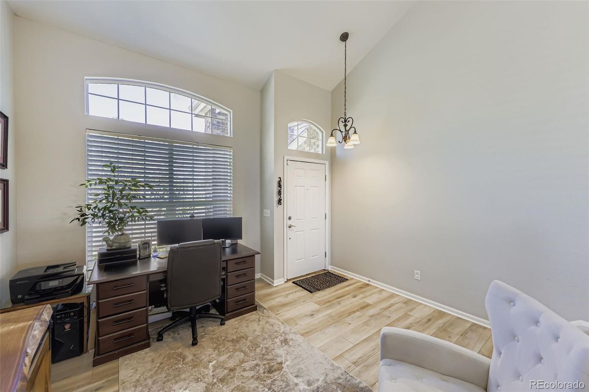 Home Office, Interior, Pendant Lights, Wood Texture Flooring