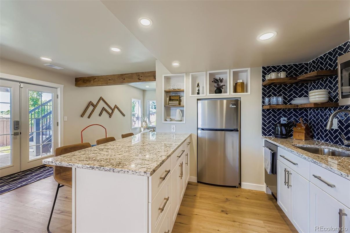 Interior, Kitchen, Recessed Lighting, Stainless Steel Appliances, Wooden Beams, Wood Texture Flooring