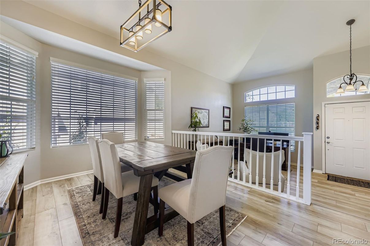 Dining room, Interior, Pendant Lights, Wood Texture Flooring