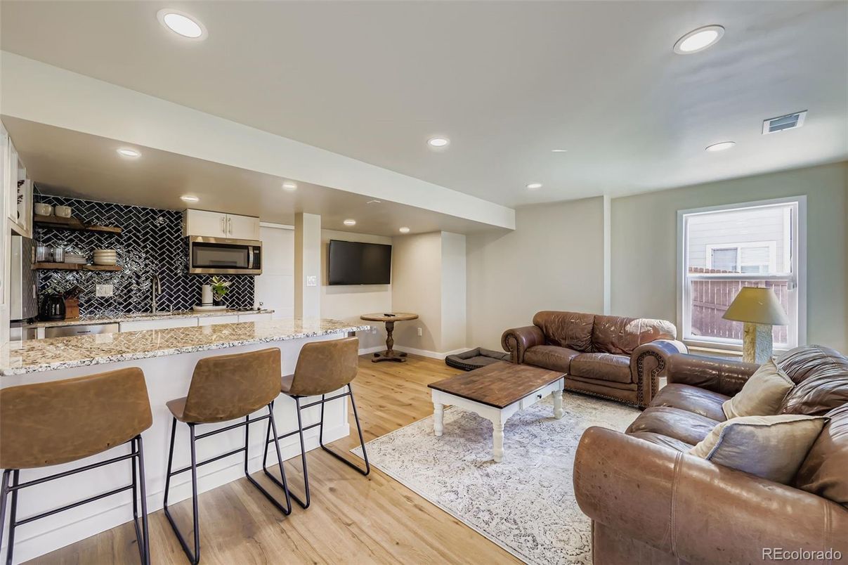 Interior, Kitchen, Living room, Recessed Lighting, Stainless Steel Appliances, Wood Texture Flooring