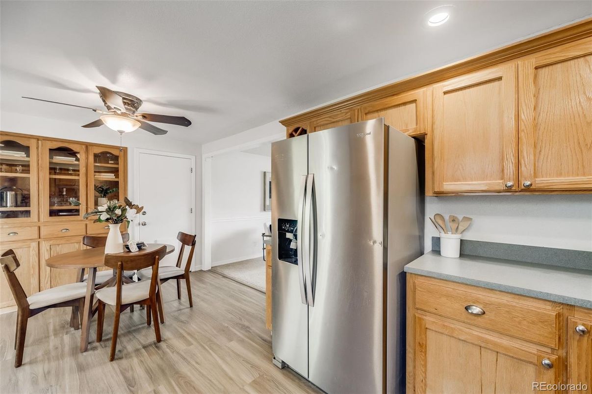 Dining room, Interior, Kitchen, Recessed Lighting, Stainless Steel Appliances, Wood Texture Flooring