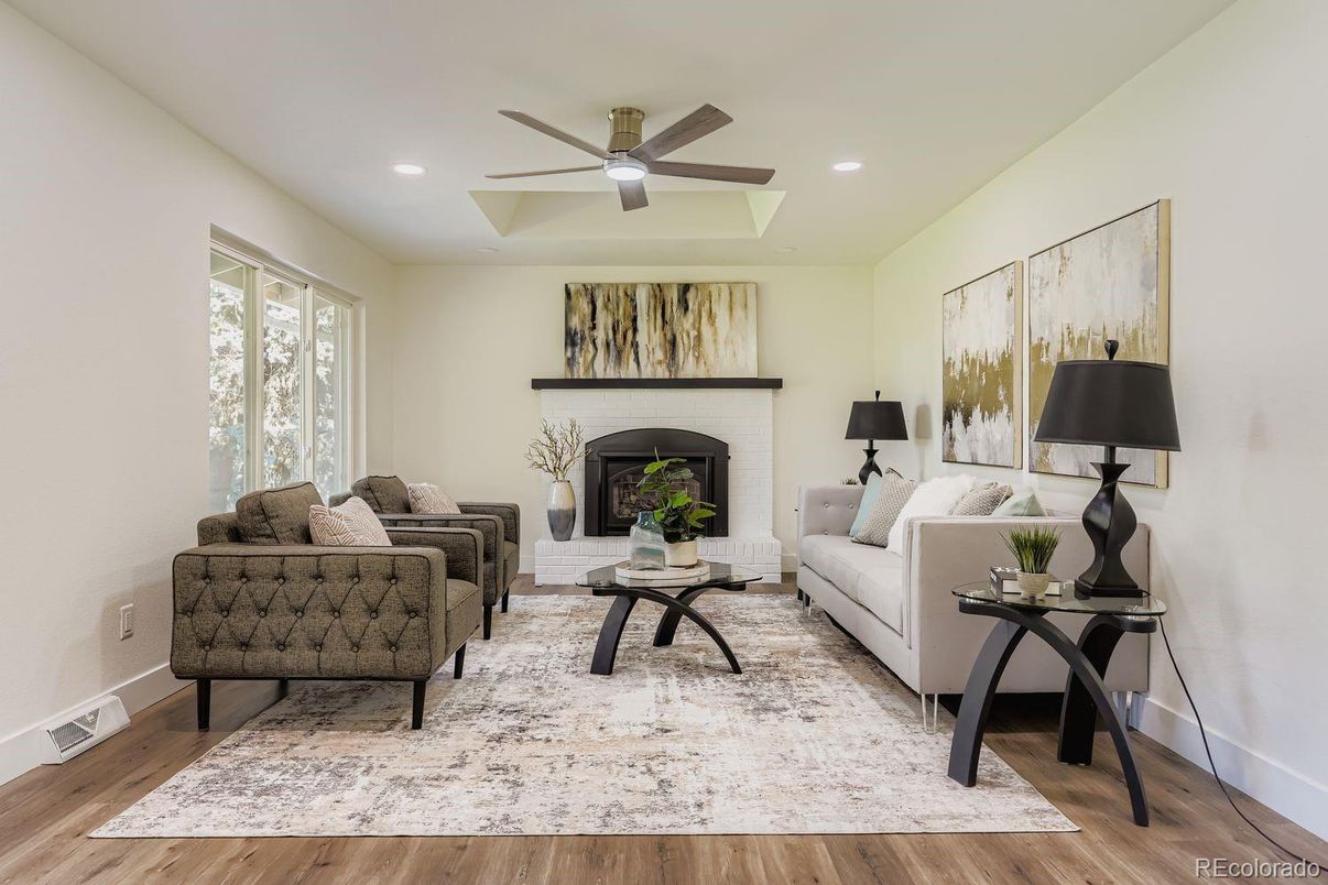 Fireplace, Interior, Living room, Recessed Lighting, Wood Texture Flooring