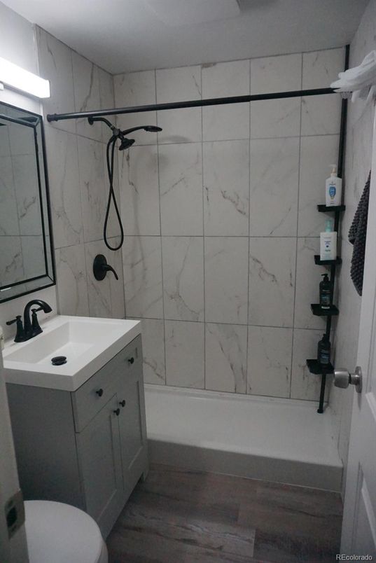 Bathroom, Interior, Marble Walls, Wood Texture Flooring