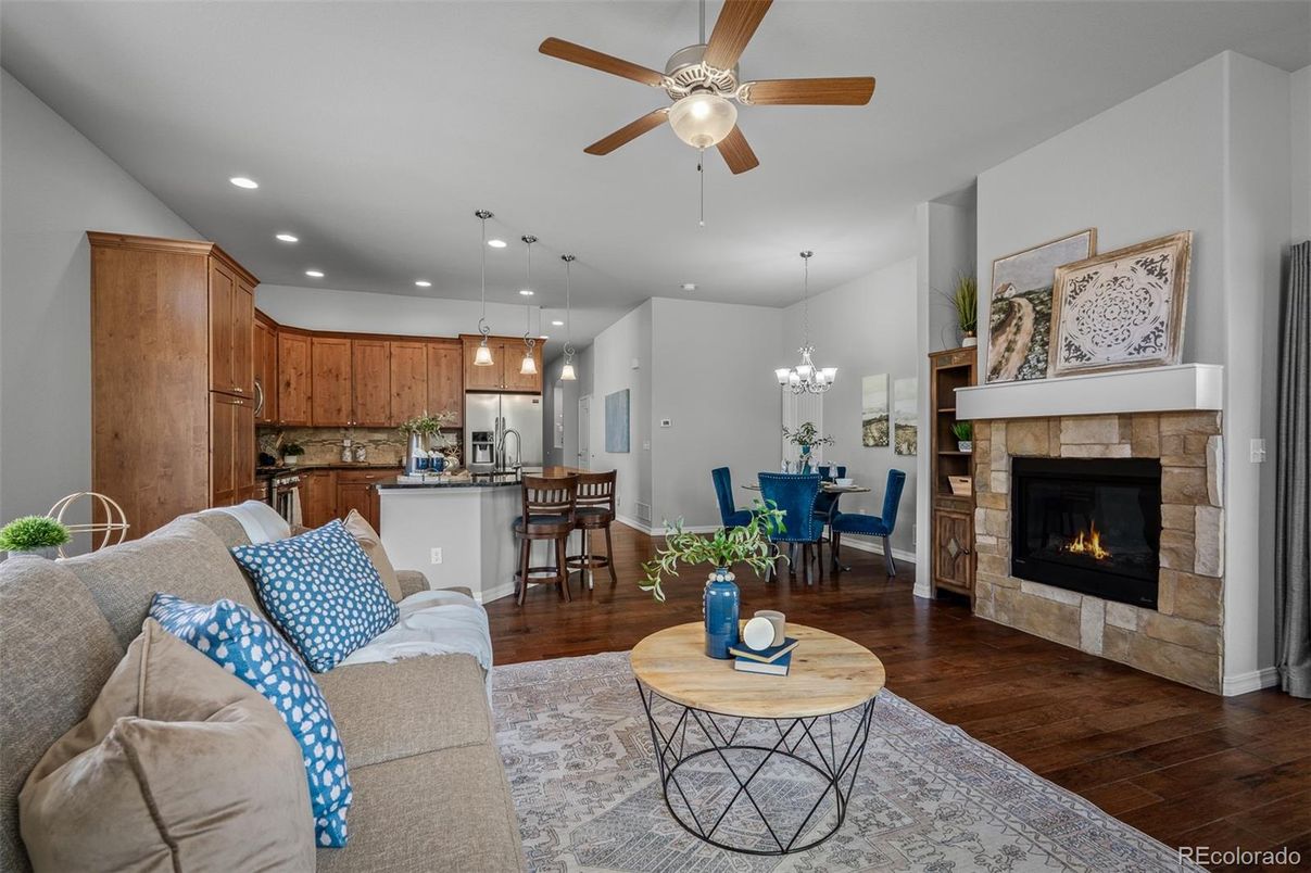 Chandelier, Dining room, Fireplace, Interior, Kitchen, Living room, Pendant Lights, Recessed Lighting, Wood Texture Flooring