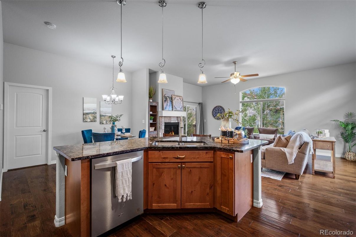 Dining room, Fireplace, Interior, Kitchen, Living room, Pendant Lights, Wood Texture Flooring