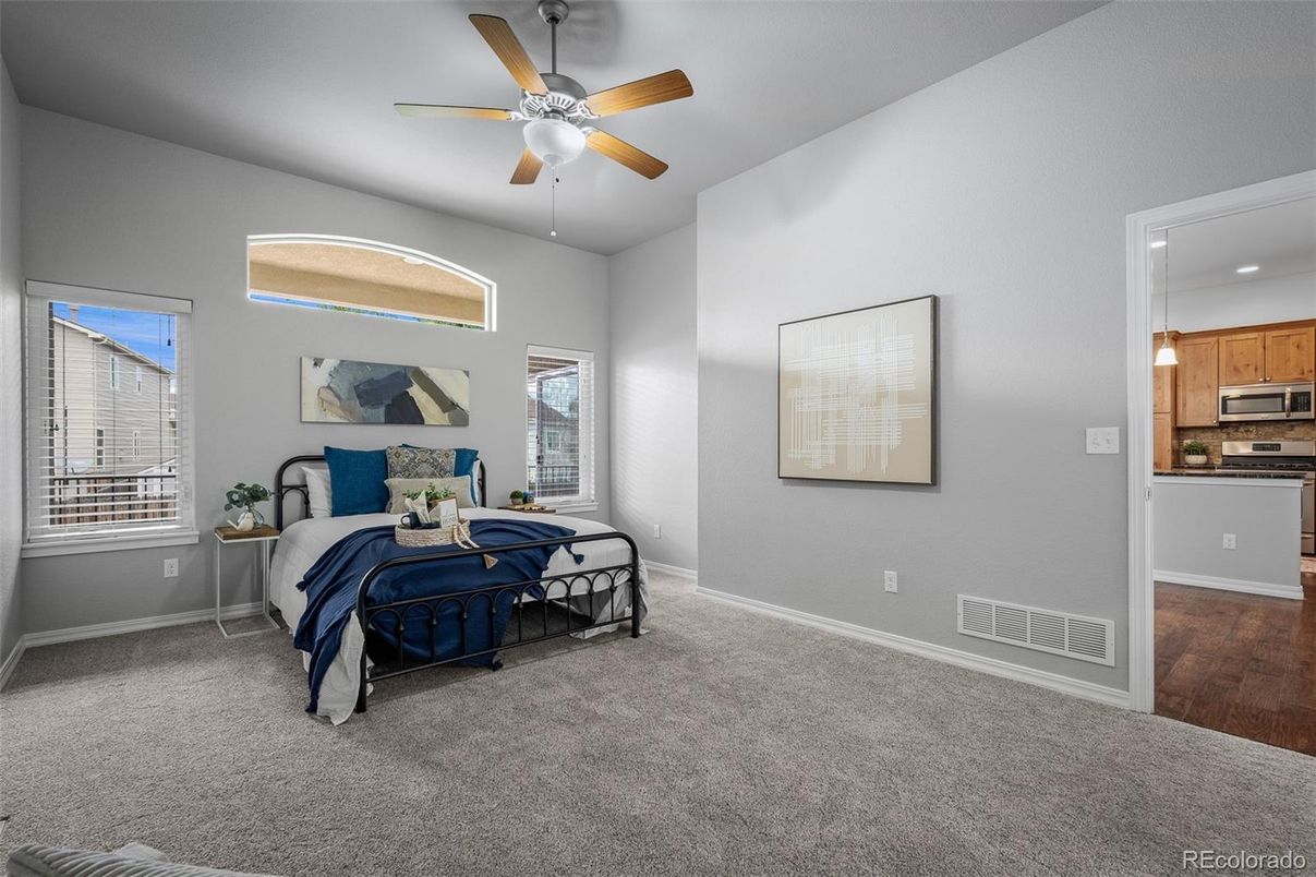 Bedroom, Interior, Kitchen, Recessed Lighting, Stainless Steel Appliances, Wood Texture Flooring