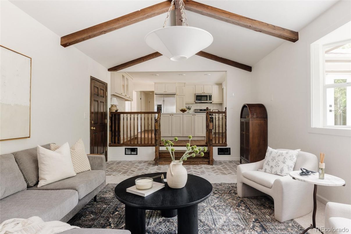 Interior, Kitchen, Living room, Recessed Lighting, Stainless Steel Appliances, Wooden Beams