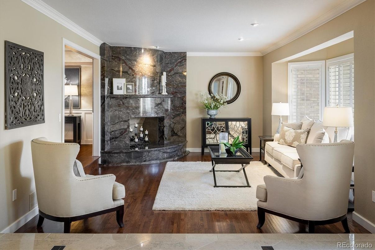 Fireplace, Interior, Living room, Recessed Lighting, Wood Texture Flooring