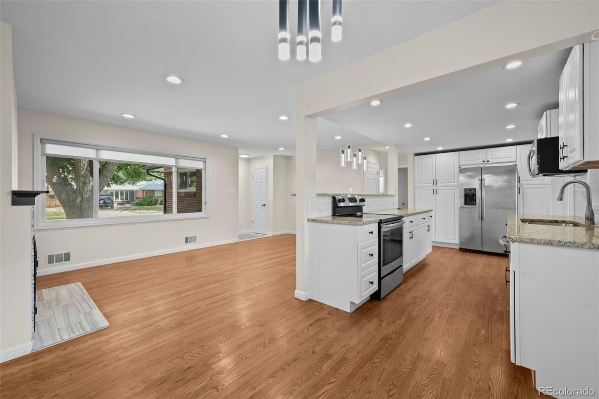 Interior, Kitchen, Pendant Lights, Recessed Lighting, Stainless Steel Appliances, Wood Texture Flooring